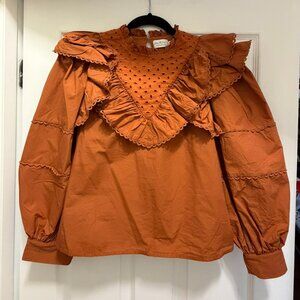 Ruffled Burnt Orange Long Sleeve Eyelet Detail Blouse Size S
